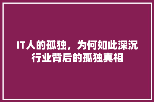 IT人的孤独，为何如此深沉行业背后的孤独真相