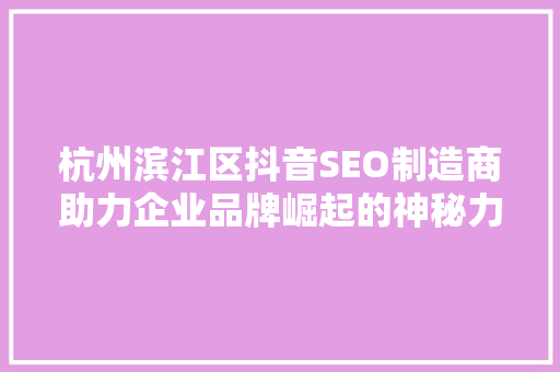 杭州滨江区抖音SEO制造商助力企业品牌崛起的神秘力量