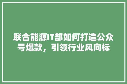 联合能源IT部如何打造公众号爆款，引领行业风向标 缓存Redis