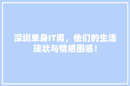 深圳单身IT男，他们的生活现状与情感困惑！