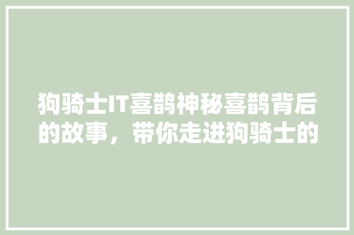 狗骑士IT喜鹊神秘喜鹊背后的故事，带你走进狗骑士的奇幻世界！