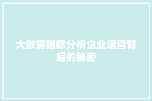大数据指标分析企业运营背后的秘密
