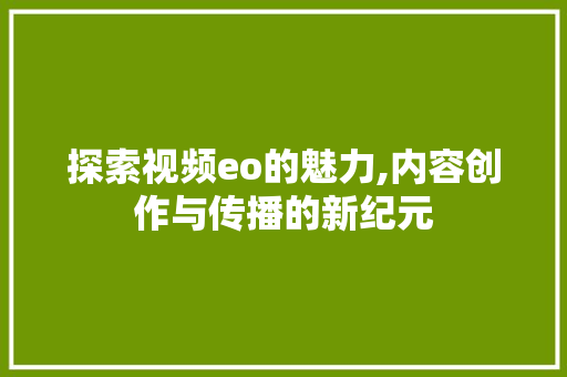 探索视频eo的魅力,内容创作与传播的新纪元