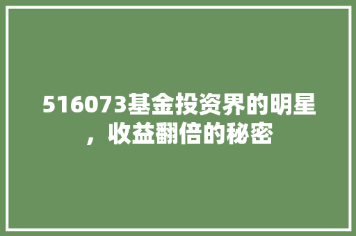 516073基金投资界的明星，收益翻倍的秘密