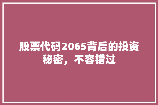 股票代码2065背后的投资秘密，不容错过