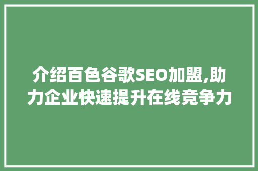 介绍百色谷歌SEO加盟,助力企业快速提升在线竞争力_百色谷歌seo加盟怎么样