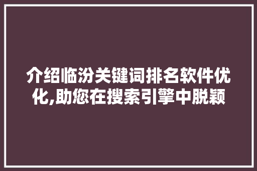 介绍临汾关键词排名软件优化,助您在搜索引擎中脱颖而出
