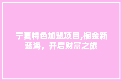 宁夏特色加盟项目,掘金新蓝海，开启财富之旅