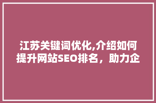 江苏关键词优化,介绍如何提升网站SEO排名，助力企业网络营销
