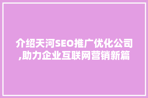 介绍天河SEO推广优化公司,助力企业互联网营销新篇章