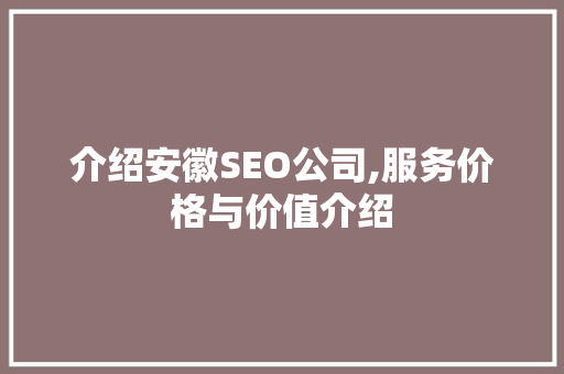 介绍安徽SEO公司,服务价格与价值介绍