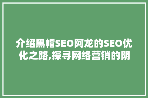 介绍黑帽SEO阿龙的SEO优化之路,探寻网络营销的阴暗面
