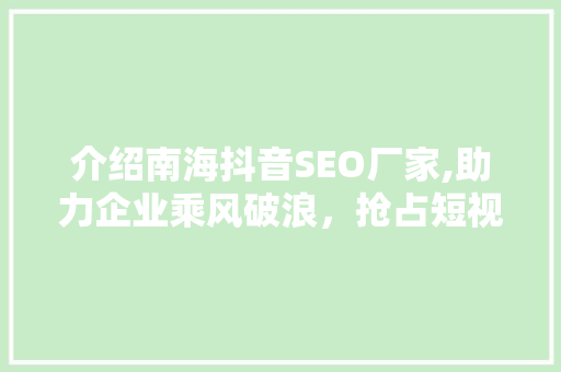 介绍南海抖音SEO厂家,助力企业乘风破浪，抢占短视频流量高地