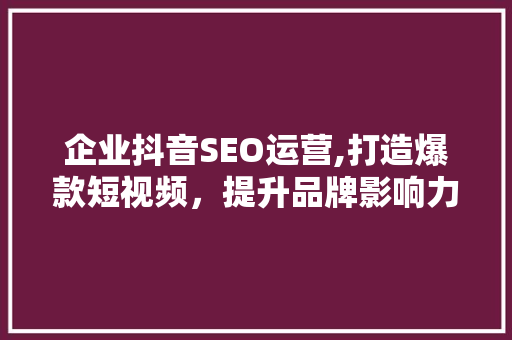 企业抖音SEO运营,打造爆款短视频，提升品牌影响力